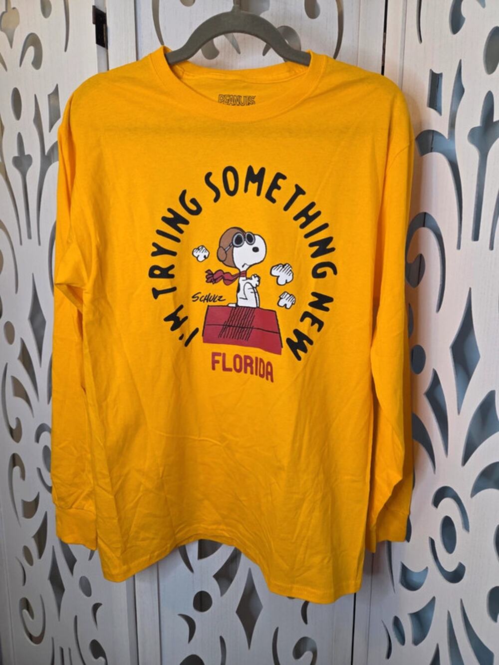 Peanuts Snoopy Florida Long Sleeve Tee Yellow Cotton Shirt M